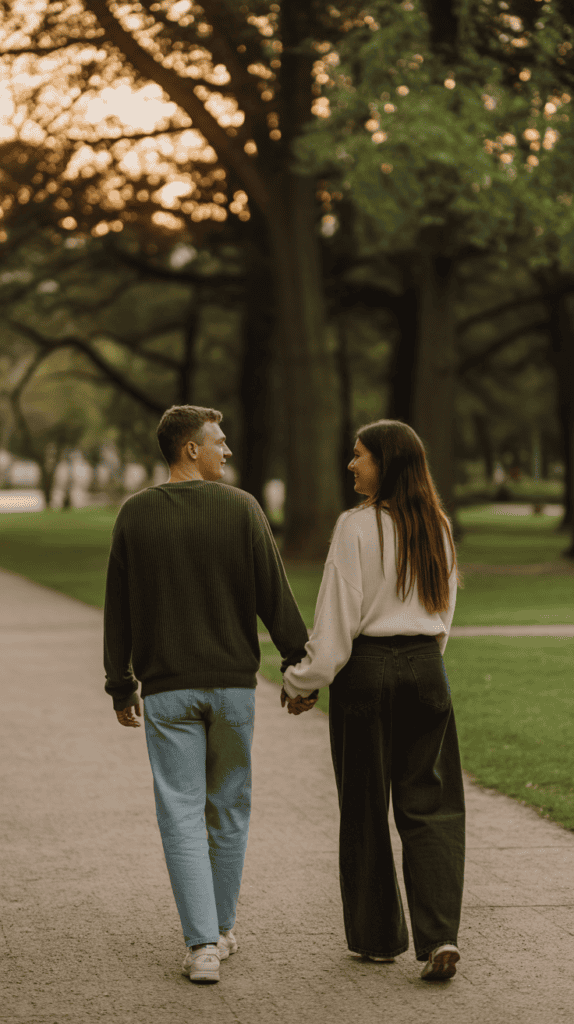 Romantic couple walking hand in hand in a sunset park – how to make a man commit